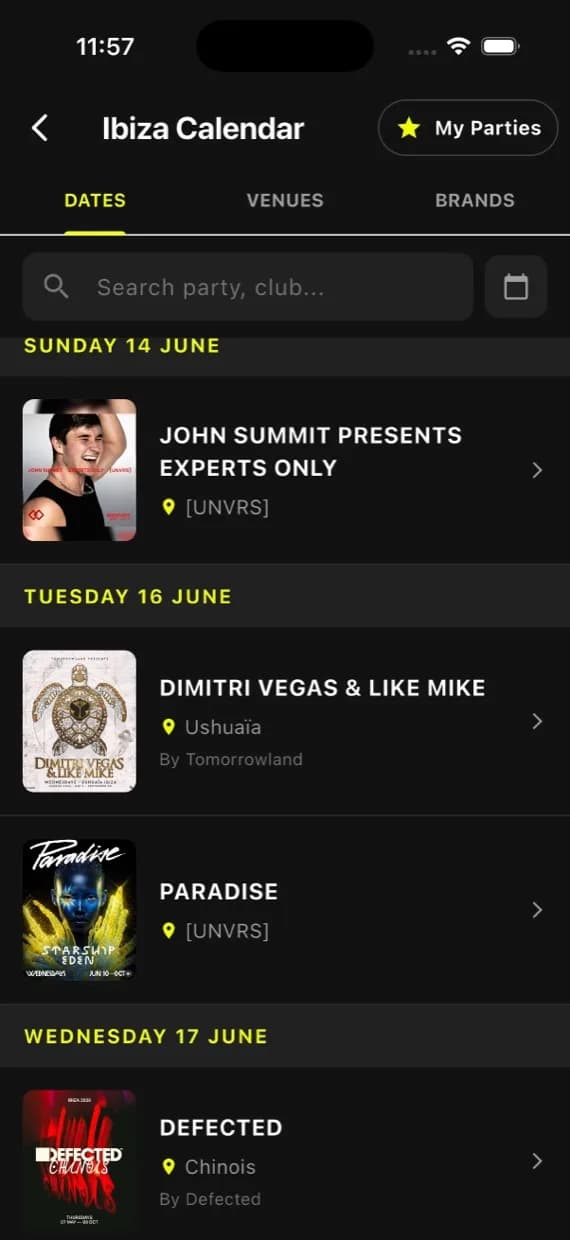 Calendrier des soirées d'Ibiza dans l'application Ibiza 1